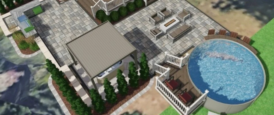 3D landscape design with a patio, pergola, and pool in Groton, CT.