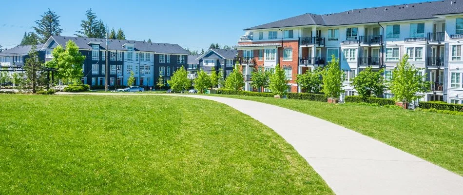 Buildings with lawn and trees in Stonington, CT.