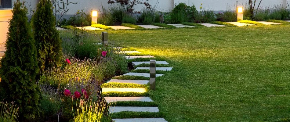LED lights along a walkway in Groton, CT.