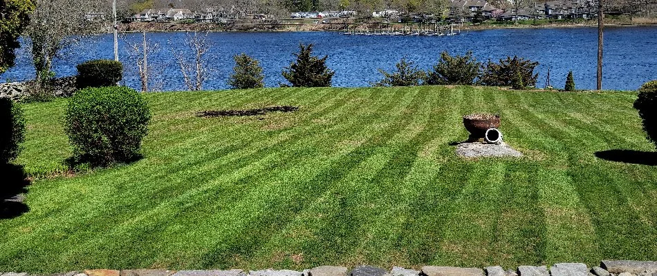 Recently mowed lawn in Groton, CT, near water.